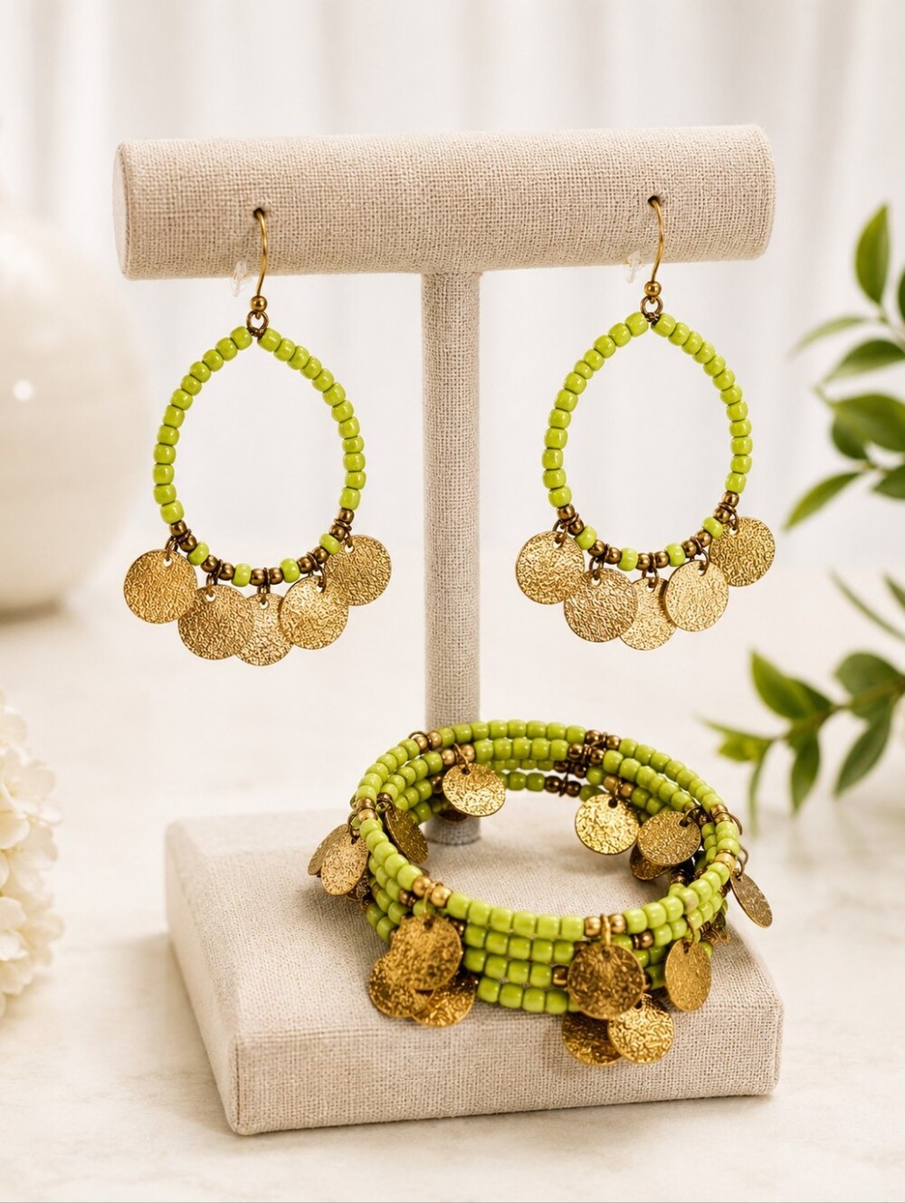 Lime Green Seed Bead Memory Wire Wrap Bracelet & Matching Hoop Earrings Set EUC